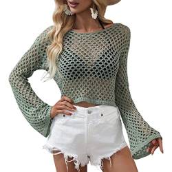 Himllauen Damen Strick Crop Top Crochet Tops Strickpullover Sexy Pullover Langarmshirt Y2K Elegant Tops Bikini Cover Up für Frauen (H Grün, S) von Himllauen