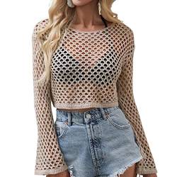 Himllauen Damen Strick Crop Top Crochet Tops Strickpullover Sexy Pullover Langarmshirt Y2K Elegant Tops Bikini Cover Up für Frauen (H Khaki, L) von Himllauen