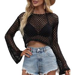 Himllauen Damen Strick Crop Top Crochet Tops Strickpullover Sexy Pullover Langarmshirt Y2K Elegant Tops Bikini Cover Up für Frauen (H Schwarz, S) von Himllauen