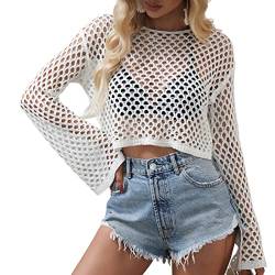 Himllauen Damen Strick Crop Top Crochet Tops Strickpullover Sexy Pullover Langarmshirt Y2K Elegant Tops Bikini Cover Up für Frauen (H Weiß, S) von Himllauen