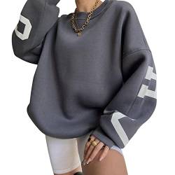 Himllauen Damen Sweatshirt Oversize Pullover Herbst Winter Dick Warm Langarm Oberteile Y2k Oversized Sweatshirts ohne Kapuze (Dunkelgrau, M) von Himllauen