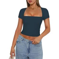 Himllauen Damen T-Shirt Sommer Crop Top Slim Fit Kurzarm Shirt Sommer Basic Oberteil für Frauen Mädchen Fashion Tops Y2k Clothes (B Dunkelblau, S) von Himllauen