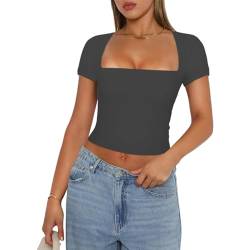 Himllauen Damen T-Shirt Sommer Crop Top Slim Fit Kurzarm Shirt Sommer Basic Oberteil für Frauen Mädchen Fashion Tops Y2k Clothes (B Dunkelgrau, S) von Himllauen