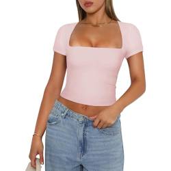 Himllauen Damen T-Shirt Sommer Crop Top Slim Fit Kurzarm Shirt Sommer Basic Oberteil für Frauen Mädchen Fashion Tops Y2k Clothes (B Rosa, S) von Himllauen