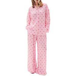 Himllauen Damen Y2k Bedruckt Pyjama Lang Schlafanzug Shirt und Hose Lounge Set Hausanzug Zweiteiler Set Große Größen (Herzdruck Rosa, L) von Himllauen