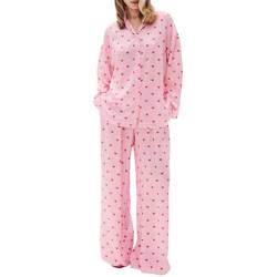 Himllauen Damen Y2k Bedruckt Pyjama Lang Schlafanzug Shirt und Hose Lounge Set Hausanzug Zweiteiler Set Große Größen (Herzdruck Rosa, M) von Himllauen