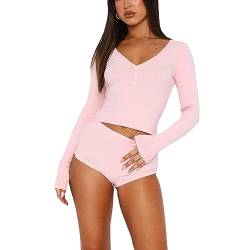 Himllauen Damen Y2k Shorts Set Pyjama Set Lounge Set Slim Fit Langarmshirt und Shorts Zweiteiler Y2k Sommer Elegant Outfit (C Rosa, M) von Himllauen