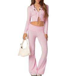 Himllauen Damen Y2k Zweiteiler Strick Outfit Slim Fit Crop Hoodie Sweatshirt und Hose Gestrickt Lounge Set Sportanzug Hosenanzug Streetwear (A Rosa mit Kapuze, S) von Himllauen