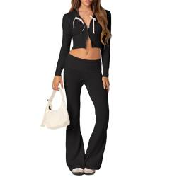 Himllauen Damen Y2k Zweiteiler Strick Outfit Slim Fit Crop Hoodie Sweatshirt und Hose Gestrickt Lounge Set Sportanzug Hosenanzug Streetwear (A Schwarz mit Kapuze, S) von Himllauen