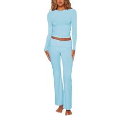 Himllauen Damen Zweiteiler Outfit Slim Fit Langarmshirt + Hose 2tlg Elegant Hosenanzug Büro Outfits (A Langarm Hellblau, L) von Himllauen