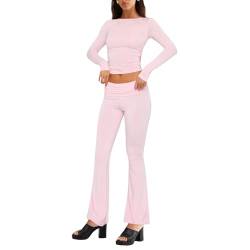 Himllauen Damen Zweiteiler Outfit Slim Fit Langarmshirt + Hose 2tlg Elegant Hosenanzug Büro Outfits (A Langarm Rosa, S) von Himllauen