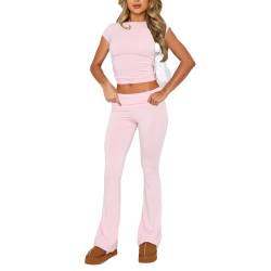 Himllauen Damen Zweiteiler Outfit Slim Fit Langarmshirt T-Shirt + Lange Hose 2tlg Elegant Hosenanzug Y2k Clothes Sport Yoga Trainingsanzug ​Lounge Set (A1 Kurzarm Tshirt Rosa, S) von Himllauen