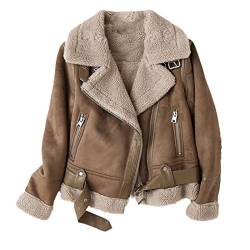 Damen Winter Faux Schaffell Lederjacken Lady Dicke Warme Wildleder Lammfell Kurze Motorrad Braun Mäntel, braun, 38 von Hinewsa