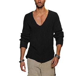 Frühling Herbst Pullover Herren Casual Pullover Männer Langarm Tiefer V-Ausschnitt Solide Strick Männer Pullover Streetwear, Schwarz , X-Large von Hinewsa