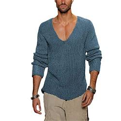 Frühling Herbst Pullover Herren Casual Pullover Männer Langarm Tiefer V-Ausschnitt Solide Strick Männer Pullover Streetwear, blau, X-Large von Hinewsa