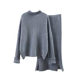 Herbst 2-teiliges Set für Damen, langärmelig, lockerer weicher Strick-Pullover + hohe Taille, Rock, zweiteiliges Strickröcke-Set, Grau Marineblau, One size von Hinewsa