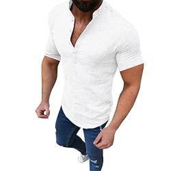 Herren T-Shirt Baumwolle Leinen Casual Loose Shirts Sommer Tops Kurzarm Tee Ovesized Solid Button T Shirt für Männer, weiß, XL von Hinewsa