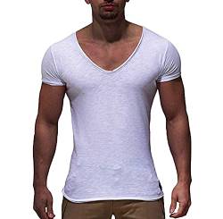 Lässiges T-Shirt für Herren, schmaler Stil, Sommer, kurzärmelig, Herren-Shirts, Mode, V-Ausschnitt, schmale Passform, einfarbig, Tops Tees Shirt, Zt18 Weiß, L von Hinewsa