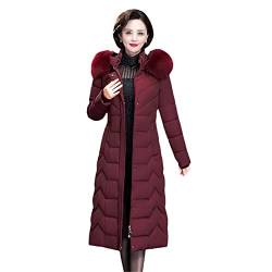 Lange warme Damenmäntel Slim Office Damen Solide Winter Daunenjacke Kapuze Mit Pelzkragen Dick Gepolstert Parkas, weinrot, 46 von Hinewsa