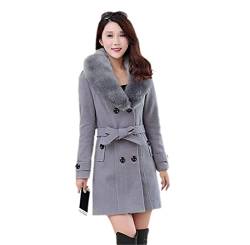 Plus Size Wollmantel Frauen Mode Pelzkragen Zweireihig Slim Warm Oberbekleidung Langarm Wolljacke, grau, 38 von Hinewsa