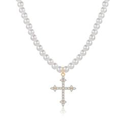 Hipwope Perle Kreuz Halsketten für Frauen y2k Kreuz Halskette Cubic Zirkonia Kreuz Kette großes Kreuz Halskette 14K Gold plattiert Perle Choker Kreuz Halsketten von Hipwope