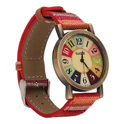 Hippie-Uhr, mehrfarbig, Bohemian-Stil, Messing, PU-Leder, Knopfbatterie, Damenuhr für Geburtstagsparty, Geschenk, rot, Armband von Hiraith