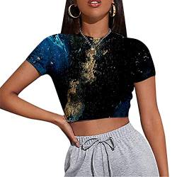 Hiseng Crop Tops Damen Kurzarm, Marmor Muster y2k Top Summer Bluse Rundhals Bauchfrei Oberteil Slim Fit T-Shirt Skinny Style Party Streetwear Tops Shirts für Teenager Mädchen von Hiseng