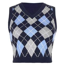 Hiser Damen Ärmellos V-Ausschnitt Pullunder Argyle Pattern Crop Top Retro Kurze Bauchfrei Top Strick Weste Teenager Mädchen Frauen Warm Top Lose Lässige Streetwear (Grau Blau,M) von Hiser