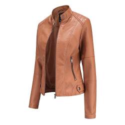 Hiser Kunstlederjacke Damen, Herbst und Winter Kurze Jacke Casual PU Lederjacke Bikerjacke mit Reißverschluss und Tasche (Khaki,M) von Hiser