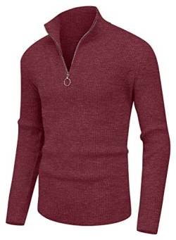 Hisir Pullover Herren Strickpullover 1/4 Zip Pulli Männer, Bequem Weich Warmer Winter Pullover für Männer Herren Pullover mit Stehkragen mit Reißverschluss (12 Rot, M) von Hisir