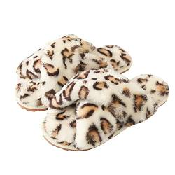 Hitopteu Hausschuhe Damen Plüsch Winter Flauschig Pantoffeln Warm Bequeme Slippers Offener Zeh Haus Kuschelig Hausschuhe für Damen Leopard Weiß EU 37/38 für Etikettengröße 38/39 von Hitopteu