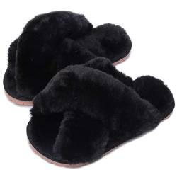 Hitopteu Hausschuhe Damen Plüsch Winter Flauschig Pantoffeln Warm Bequeme Slippers Offener Zeh Haus Kuschelig Hausschuhe für Damen Schwarz EU 39/40 für Etikettengröße 40/41 von Hitopteu