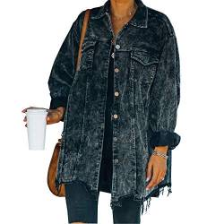 Hixiaohe Damen Casual Oversized Button Down Cord Hemd Jacke Mantel Washed Retro Shacket - Schwarz - Small von Hixiaohe