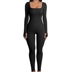 Damen Yoga Jumpsuit Nahtloser Lang Schwarzer Jumpsuits für Damen Langarm Enger Einteiler Seamless Onepiece Jumpsuit Sexy Sport Elegant Overall Playsuits Hosenanzug Sportanzug von HizoeChu