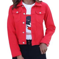 Hndudnff Damen Jeansjacke mit Knopfleiste, Frühling, lässig, Revers, lange Ärmel, einfarbig, kurze Jeansjacken, rot, 48 von Hndudnff