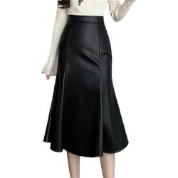 Hndudnff PU-Lederröcke für Damen, hohe Taille, Fischschwanz-Röcke, Vintage, lässig, Midi-Röcke, Schwarze Röcke, 48 von Hndudnff