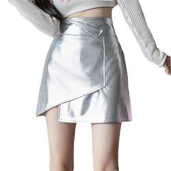 Hndudnff Silberner PU-Minirock für Damen, sexy, unregelmäßig, hohe Taille, Clubwear, kurze A-Linien-Röcke, Silberfarbener Rock, 44 von Hndudnff