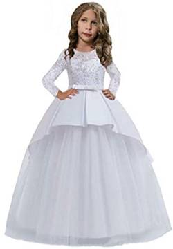 Festliches Mädchen Kleider Lange Spitze Brautjungfern Kleider Festlich Hochzeit Party Prinzessin Kleid Blumenmädchen Festzug Gr. 104 116 128 134 140 146 152 (Weiß, 134) von Ho Mall