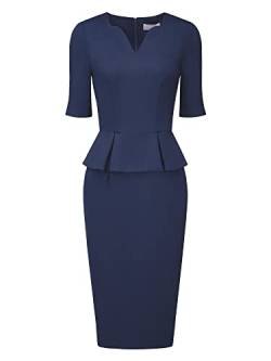 Hobemty Damen Etuikleid V-Ausschnitt Kurzarm Arbeit Schößchen Kleider, Marineblau, Klein von Hobemty