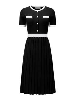 Hobemty Damen-Kleid, plissiert, kurzärmelig, elegant, gestrickt, Kontrastfarbe, Schwarz , Medium von Hobemty