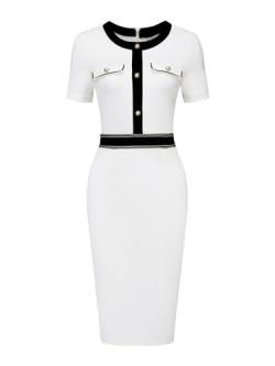 Hobemty Damen Kurzarm Etuikleid Kontrastfarbe Elegante Bleistiftkleider Kleid Weiß M von Hobemty