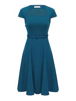 Hobemty Damen Kurzarm Kleid 1950er Jahre Stil Quadratischer Ausschnitt Kleider Pfauenblau XL von Hobemty