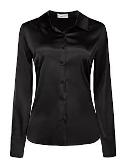 Hobemty Damen Langarm Arbeitshemd Geknöpfte Satin Top Bluse Schwarz XL von Hobemty