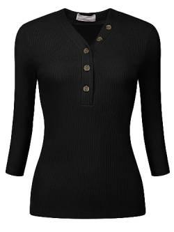 Hobemty Damen Langarm Basic Strickoberteile Knöpfen V-Ausschnitt Bluse Schwarz L von Hobemty