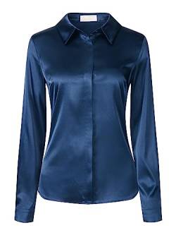 Hobemty Damen Langarm Bluse Arbeit Hemd Büro Satin Elegant Top Dunkelblau S von Hobemty