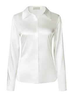 Hobemty Damen Langarm Bluse Arbeit Hemd Büro Satin Elegant Top Weiß XXL von Hobemty