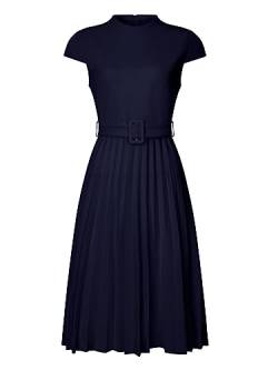 Hobemty Damen Plissee Kleid Mock Neck Cap Sleeve Belted A-Linie Kleider, Dunkelblau, Mittel von Hobemty
