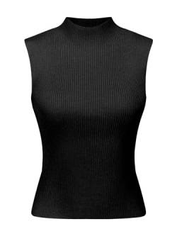 Hobemty Damen Top Ärmellos Gerippte Bluse Stehkragen Basic Strickoberteil Schwarz L von Hobemty