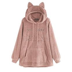 Hoblehti Niedliche Katzenohren aus Fleece Warme Kapuzenpullover für Frauen Katzengrafiken Pelzige Fleecejacken Pullover Mantel von Hoblehti