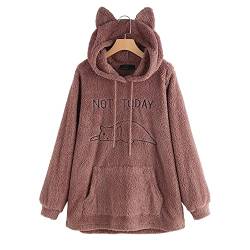 Hoblehti Niedliche Katzenohren aus Fleece Warme Kapuzenpullover für Frauen Katzengrafiken Pelzige Fleecejacken Pullover Mantel von Hoblehti